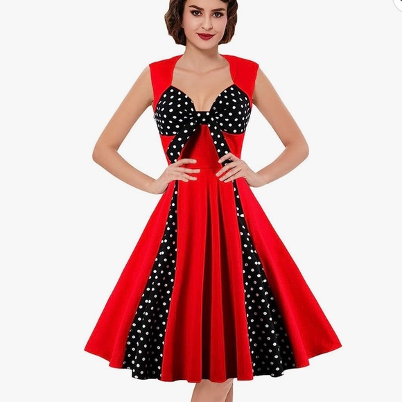 New Red Polka Dot Rockabilly Retro Sleeveless Summer Swing Dress Sz S - Picture 5 of 9